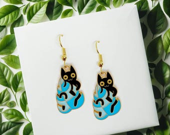 Black Cat with Blue Monstera Leaf Dangle Earrings 18k Gold Plated Hook, Kawaii Jewelry Gift for Cat Lovers and Plant Ladies-ERA-A022-9