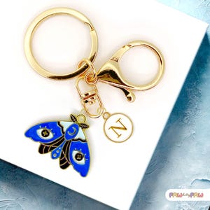 Blue Celestial Moth Keychain with Crescent Moon and Stars – Enamel Bug Charm with Personalized Initial Gift for Bag or Keyring-K-A083-4
