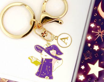 Cute Enamel Keychain: Wizard White Cat with Custom Initial Monogram-K-A074-3