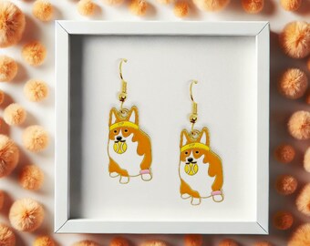 Kawaii Tennis Corgi Enamel Earrings - Cute Dog Jewelry Gift for Corgi Lovers & Tennis Fans - Pembroke Welsh Corgi Accessory-ERA-A020-3