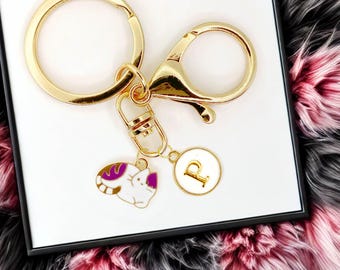 DRAFT - Purple Cat Keychain with Gold Initial Charm – Cute Enamel Sleeping Kitty Keyring for Cat Lovers and Kawaii Gift Ideas