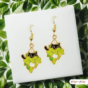 Pendientes de gato negro para amantes de las plantas, bonito regalo de joyería de gato kawaii, pendientes colgantes de gato para mamás gatas, divertido accesorio vegetal.