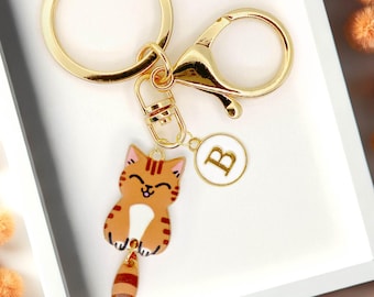 Cute Hanging Brown Tabby Cat Enamel Keychain with Personalized Monogram Letter Charm, Kawaii Gold-Plated Keyring, Trendy Bag Charm-K-A003-4