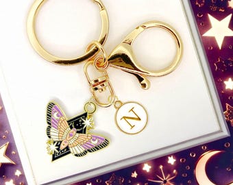Celestial Moth Keychain with Stars Moon and Initial Charm – Enamel Cosmic Insect Bag Accessory for Space Lovers and Nature Fans-K-A083-2