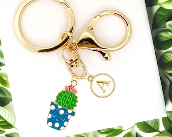 Cute Cactus Keychain in Blue Polka Dot Pot with Pink Flower and Personalized Gold Letter Charm for Plant Lovers and Gift Ideas-K-A114-2