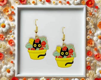 Black Cat in Yellow Pot Dangle Earrings 18k Gold Plated Hook, Kawaii Jewelry Gift for Black Cat Lovers and Cat Ladies-ERA-A022-1