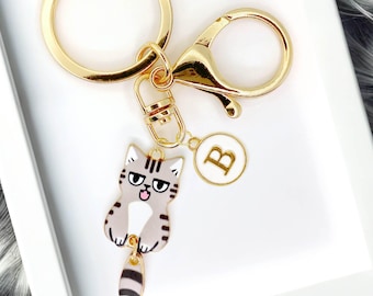 Cute Hanging Grey Tabby Cat Enamel Keychain with Personalized Monogram Letter Charm, Trendy Bag Charm, Cute Gift for Cat Lovers-K-A003-5