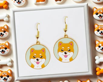 Shiba Inu Dog Dangle Earrings 18k Gold Plated Hook, Fun Jewelry Gift for Dog Lovers, Cute and Playful Accessory - ERA-A055-1