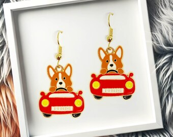 Corgi in Car Dangle Earrings, Cute Kawaii Jewelry Gift for Dog Lovers and Corgi Fans, Fun and Playful Accessory - ERA-A020-4