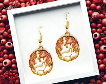 White Cat with Red Berries Dangle Earrings 18k Gold Plated Hook, Nature-Inspired Jewelry Gift for Cat Lovers-ERA-A026-4