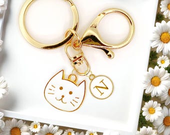White Cat Face Keychain Cute Smiling Cat Charm Personalized Bag Clip Gift for Cat Lovers Pet Moms and Custom Accessories-K-A056-1