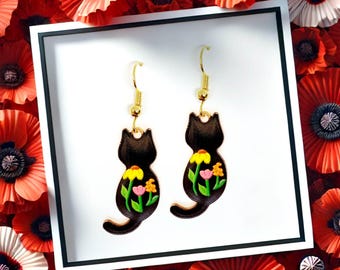 Black Cat with Spring Flowers Dangle Earrings 18k Gold Plated Hook, Cute Jewelry Gift for Cat Lovers and Floral Accessory Fans - ERA-A131-3