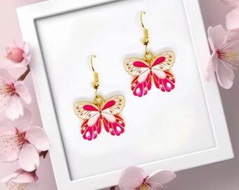 Pink Butterfly Enamel Earrings, Lightweight Nature-Inspired Jewelry, Butterfly Dangle Earrings for Women, Cute Pink Accessories-ERA-A117-1