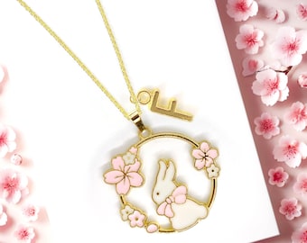 Kawaii White Bunny Necklace - Cherry Blossom Rabbit Enamel Jewelry, Cute Sakura Pink Flower Gift for Rabbit Lovers-NCA-006