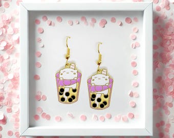 Kawaii Cat Earrings Bubble Tea Jewelry – Cute Boba Dangle Enamel Charm, Purrfect Cat Gifts for Cat Lovers, Fun Girl Accessories-ERA-A085-1