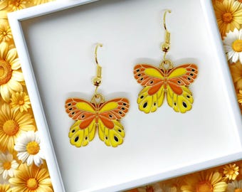 Yellow Butterfly Enamel Earrings, Nature-Inspired Jewelry, Vibrant Dangle Earrings for Women, Cheerful Statement Accessories - ERA-A117-4