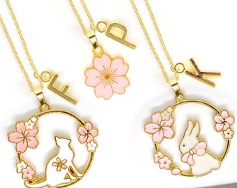 Kawaii White Bunny Necklace - Cherry Blossom Rabbit Enamel Jewelry