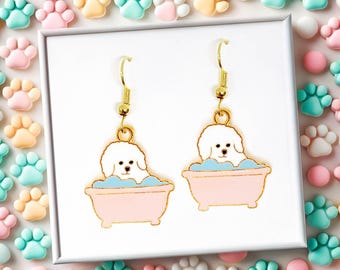 Bichon Frise in Bathtub Dangle Earrings 18k Gold Plated Hook, Cute Jewelry Gift for Dog Lovers, Playful and Whimsical Accessory - ERA-A060-3