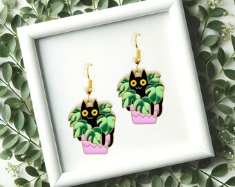 Black Cat in Monstera Plant Pot Dangle Earrings  18k Gold Plated Hook, Kawaii Jewelry Gift for Cat Lovers and Plant Ladies-ERA-A022-12
