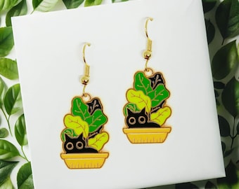 Black Cat in Plant Pot Dangle Earrings for Cat Moms and Plant Lovers, Cute Kawaii Jewelry Gift, Fun and Whimsical Accessory - ERA-A009-2