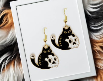 Witchy Black Cat & Skull Earrings, Halloween, Gothic Punk Style, Quirky and Fun, Perfect for Black Cat Lovers-ERA-A048-1