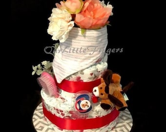 Unique Girl Boy Baby shower gift ideas - Girl Boy Neutral Diaper Cake - Custom Diaper Cake - 3 Tier Diaper Cake - Flower Diaper cake