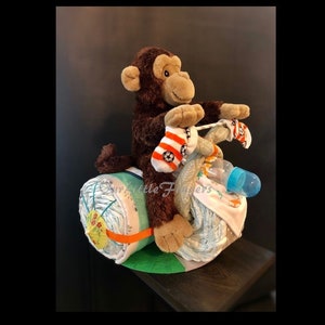 Elephant Monkey Diaper Cake, Boy Diaper Cake, Motorcycle Diaper Cake, Unisex Diaper Cake, Baby shower Baby Gift, Newborn Gift, Bicycle