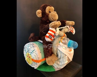 Elephant Monkey Diaper Cake, Boy Diaper Cake, Motorcycle Diaper Cake, Unisex Diaper Cake, Baby shower Baby Gift, Newborn Gift, Bicycle