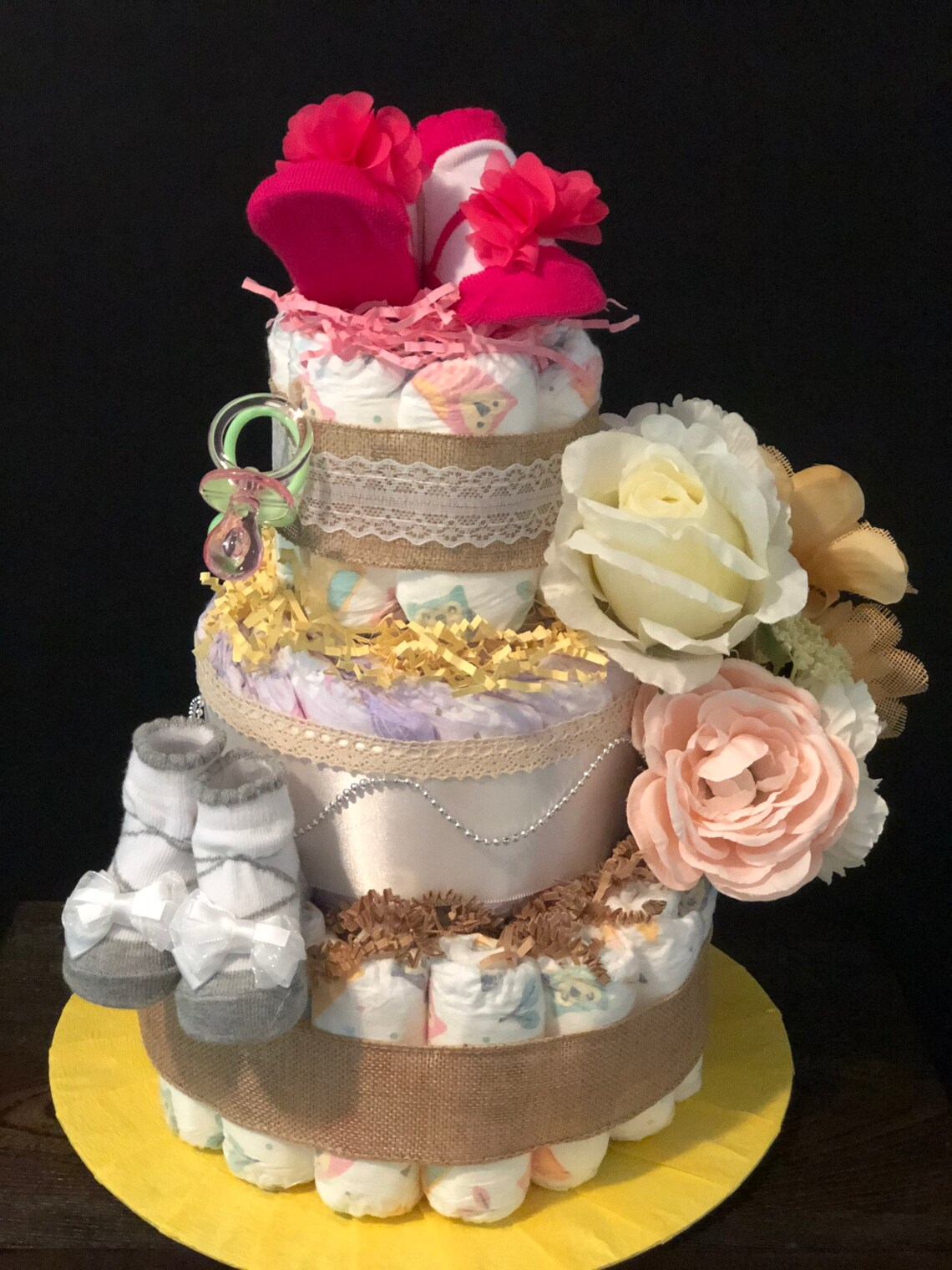 3 Tier Diaper Cake Boho Rustic Diaper Cake, Girl Diaper Cake, Flower Diaper Cake, Baby Shower