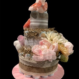 3 Tier Diaper Cake; Boho Rustic Diaper Cake, Girl Diaper Cake, Flower Diaper Cake, Baby shower Gift, Baby Gift, Newborn Gift