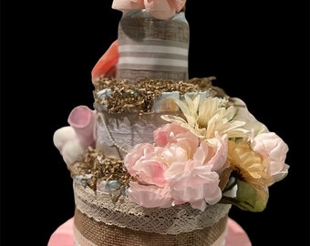 3 Tier Diaper Cake; Boho Rustic Diaper Cake, Girl Diaper Cake, Flower Diaper Cake, Baby shower Gift, Baby Gift, Newborn Gift