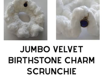 Jumbo Velvet Scrunchie with Birthstone Charm - Crochet - Ultra Soft - Black and White - Hair Accessories - Charm Bracelet Inspired