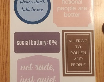 PRINTABLE Large Introvert Sticker Sheet - Quiet People - 5 Jumbo Stickers - Downloadable - For Water Bottles Laptops Notebooks - Funny