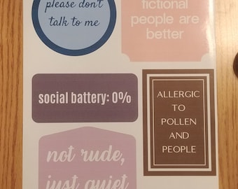 Large Sticker Sheet with Introvert Messages - Includes 5 Jumbo Stickers - For Water Bottle Laptop Notebook - Colorful - Shipped to You