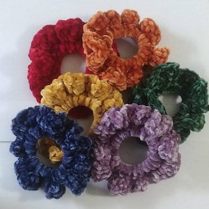 Jumbo Rainbow Velvet Crochet Scrunchies - Red - Orange - Golden Yellow - Green - Navy Blue - Lavender Purple - Hair Accessories - 6 Pack