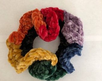 Rainbow Jumbo Crochet Velvet Scrunchie - Hair Accessories - Black, Red, Orange, Yellow, Green, Blue, Purple - Pride Accessories - LGBTQ+