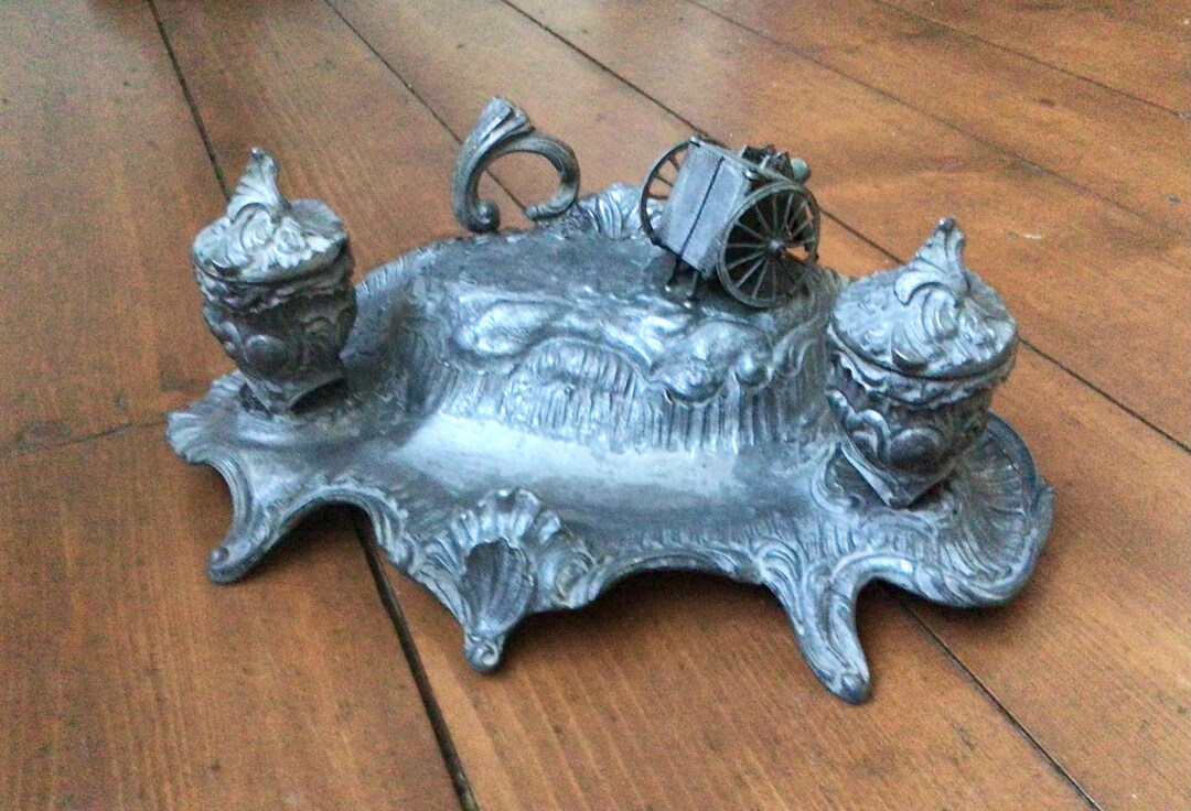 Antique French Pewter Inkwell: A Bossu Signed Hinged Lid Double ...