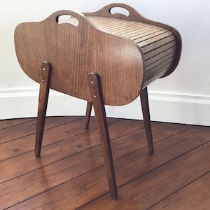 Vintage Wooden Mid Century Tambour Sewing Box Roller Shutter Closure with two handles Beautiful
