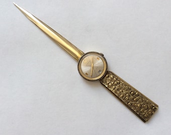 Delightful Vintage 21 Jewel Luxa mechanical watch brutalist modernist brass handle Letter Opener Desk Ornament Accessory
