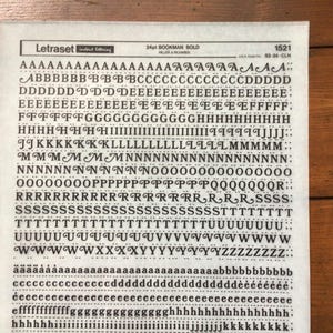 May include: A sheet of Letraset instant lettering with the text "24pt BOOKMAN BOLD" and the letters of the alphabet in various sizes and styles. The sheet is white with black lettering and is on a wooden surface.