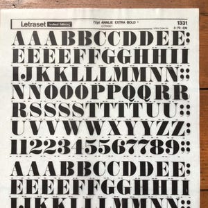 Vintage unused complete Letraset Dry Transfer sheet black uppercase capitals 72pt Annlie Extra Bold sheet 1331