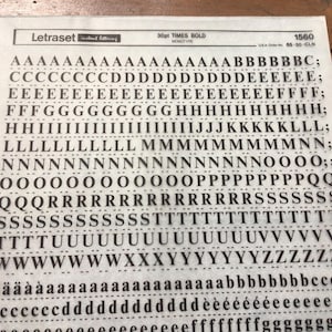 Vintage Letraset Dry Transfer Sheet: 30pt Times Bold Monotype