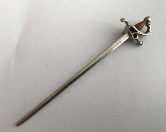 Vintage Pewter Miniature Sword: Detailed Desk Ornament
