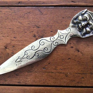 Striking mythical figural Brass page marker page turner Desk Accessory Vintage Letter Opener detailed cast face bearded man handle