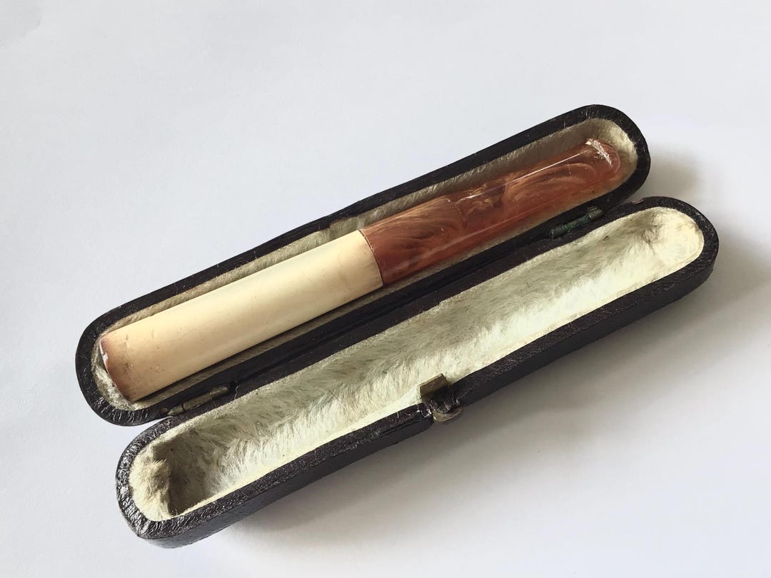 Antique Cheroot Holder in Original Box: Leather Case Bakelite Amber ...
