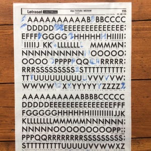 Vintage used Letraset Dry Transfer sheet black uppercase 48pt Futura Medium Bauer sheet 115