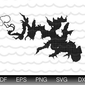May include: Black and white silhouette of a lake with a winding shoreline. The lake is outlined in a textured pattern.