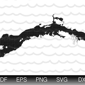May include: Black and white silhouette of an island with a wavy background.