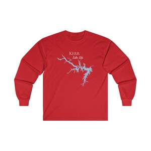May include: Red long-sleeve t-shirt with a light blue outline of Kerr Lake and the text "Kerr Lake Life" in white.