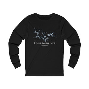 May include: Black long-sleeve t-shirt with a blue outline of Lewis Smith Lake, Alabama.